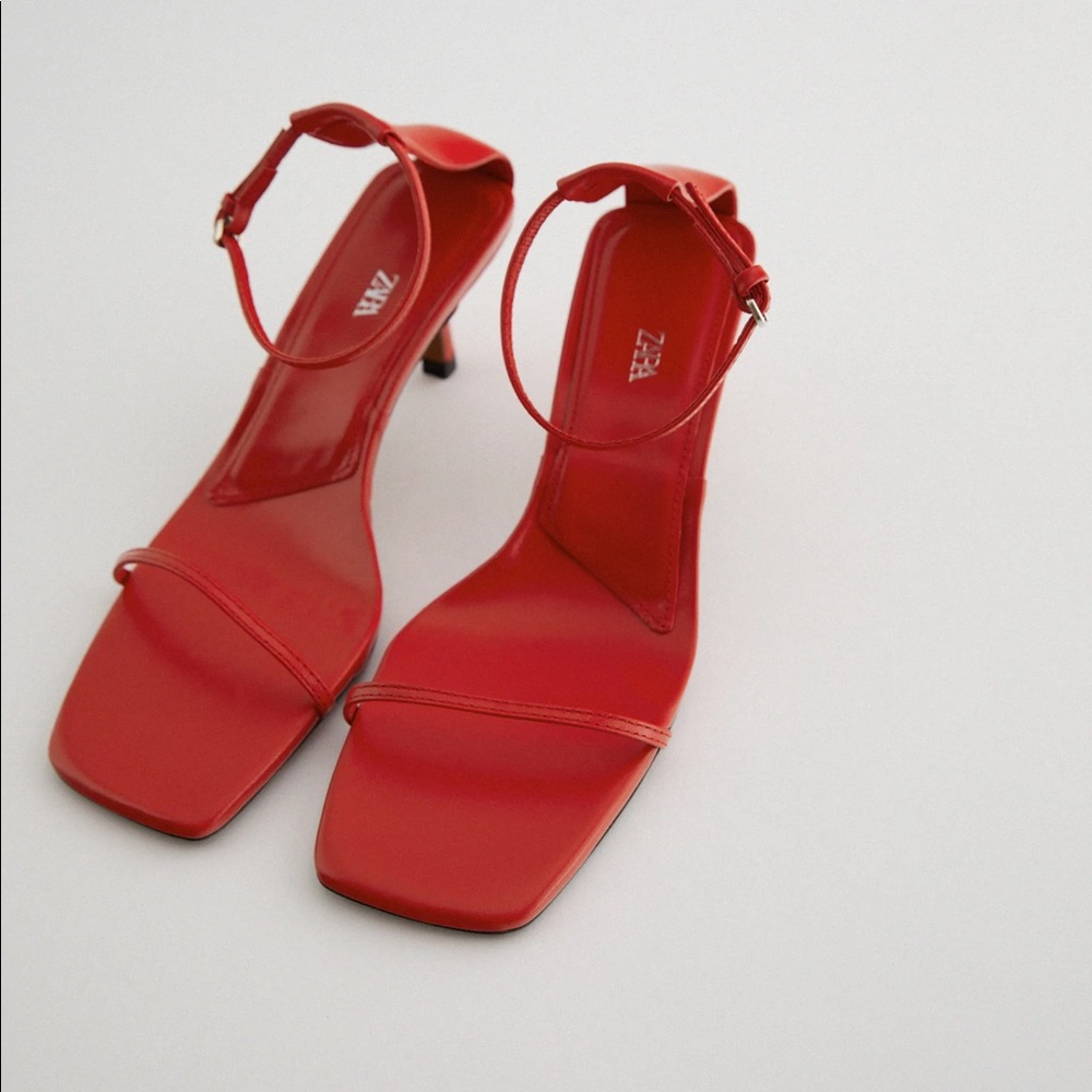 Zara red minimalist heeled leather sandals NWT